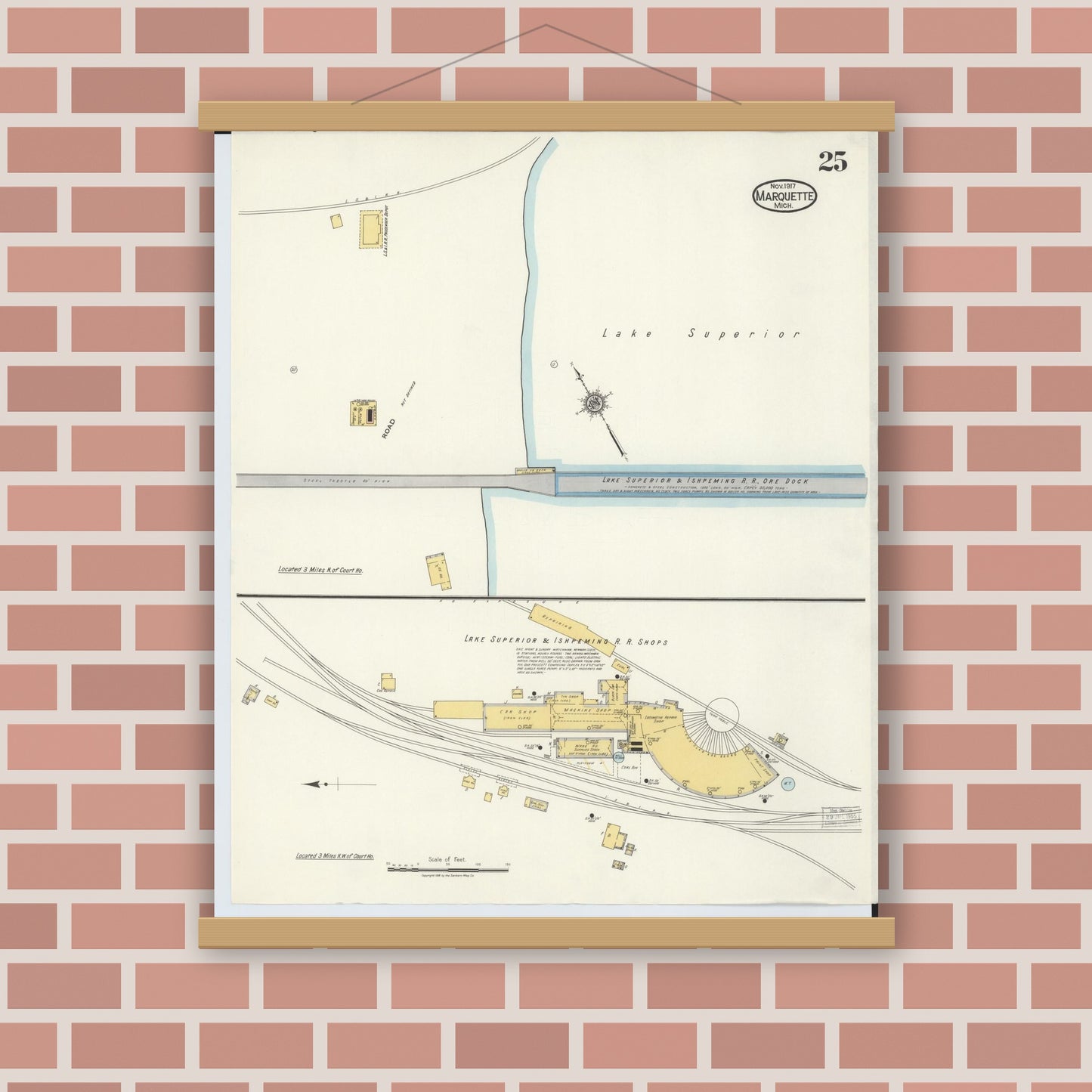 Old map wall art mockup — magnetic wood frame on brick wall — Sanborn Fire Insurance Map from Marquette, Marquette County, Michigan (1917), Sheet #0025