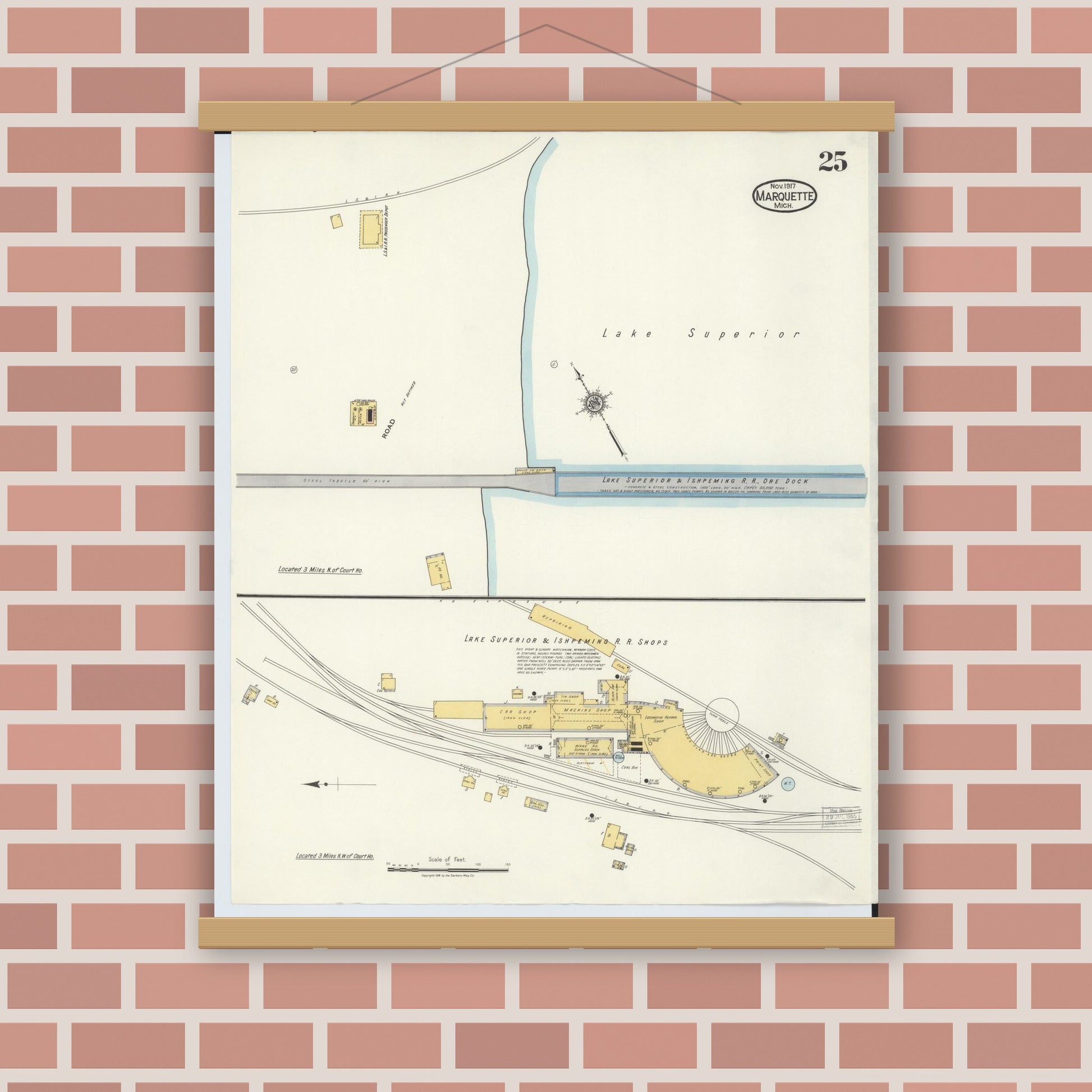 Old map wall art mockup — magnetic wood frame on brick wall — Sanborn Fire Insurance Map from Marquette, Marquette County, Michigan (1917), Sheet #0025