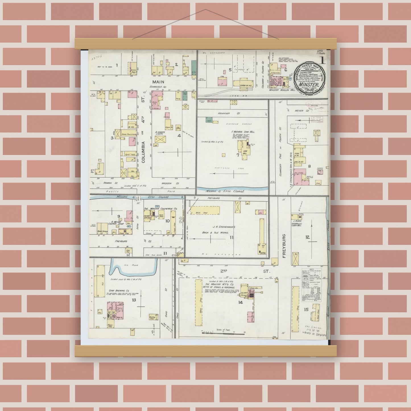 Old map wall art mockup — magnetic wood frame on brick wall — Sanborn Fire Insurance Map from Minster, Auglaize County, Ohio (1893), Sheet #0001
