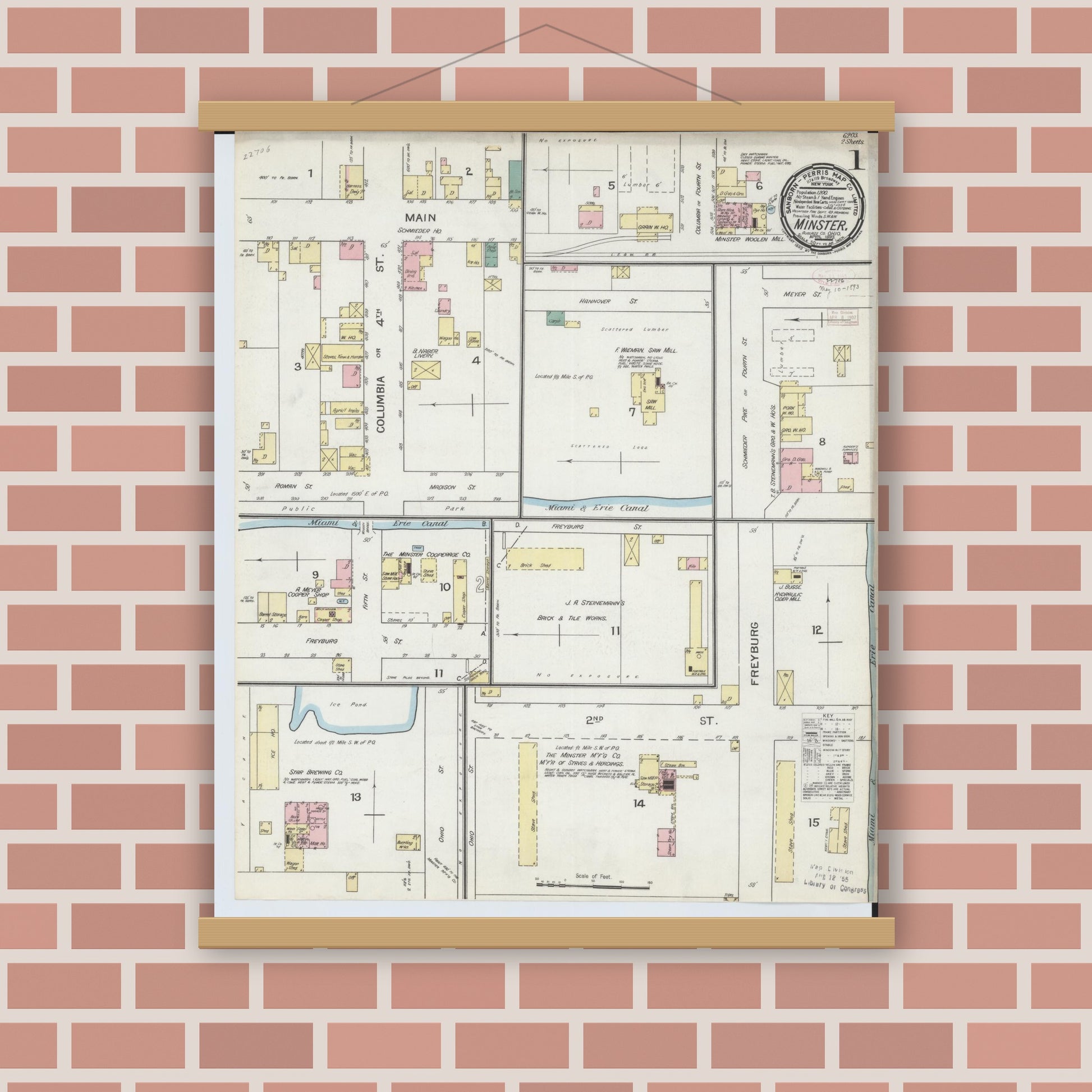 Old map wall art mockup — magnetic wood frame on brick wall — Sanborn Fire Insurance Map from Minster, Auglaize County, Ohio (1893), Sheet #0001