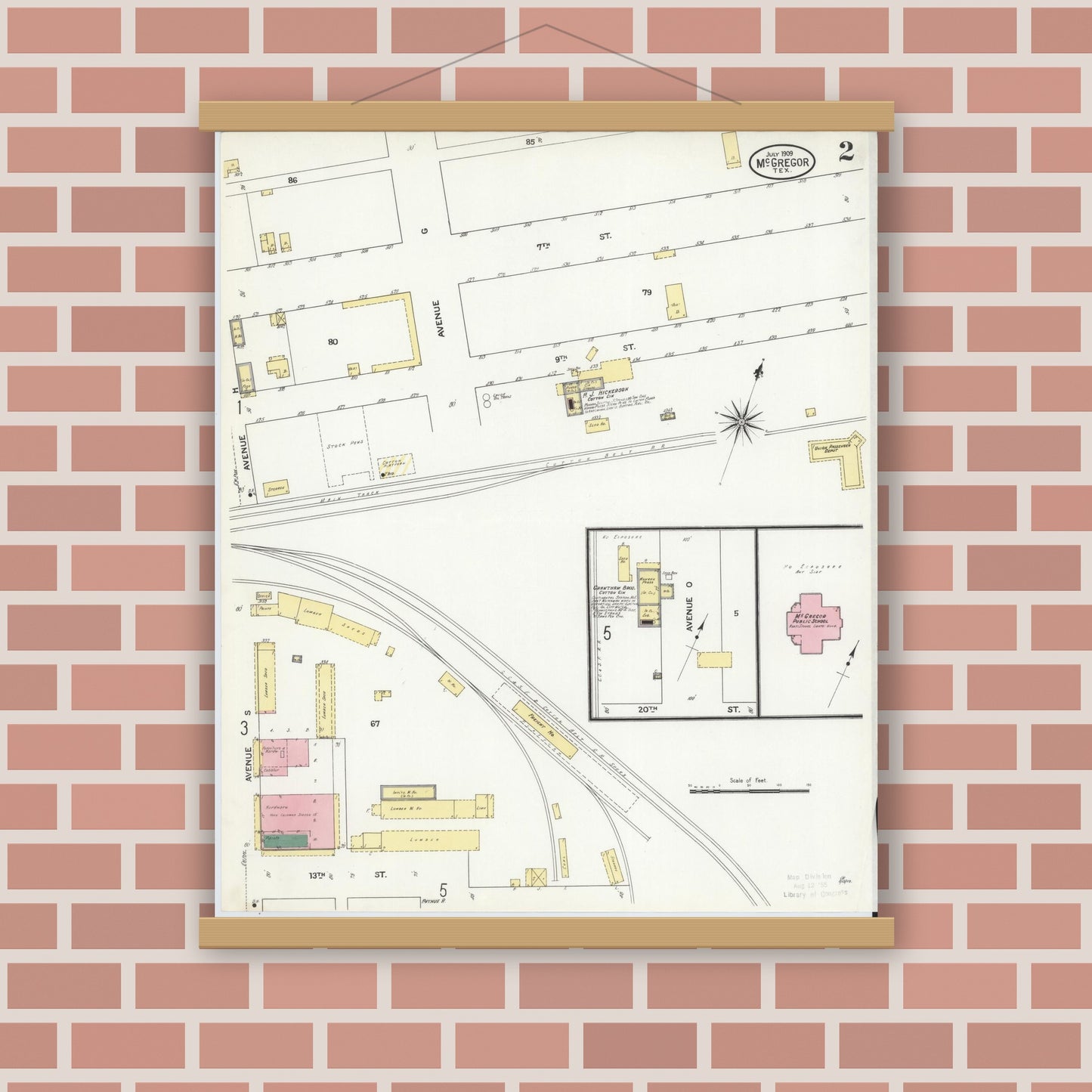 Old map wall art mockup — magnetic wood frame on brick wall — Sanborn Fire Insurance Map from McGregor, McLennan County, Texas (1909), Sheet #0002