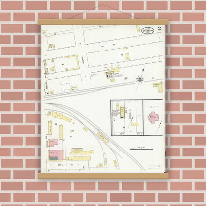 Old map wall art mockup — magnetic wood frame on brick wall — Sanborn Fire Insurance Map from McGregor, McLennan County, Texas (1909), Sheet #0002