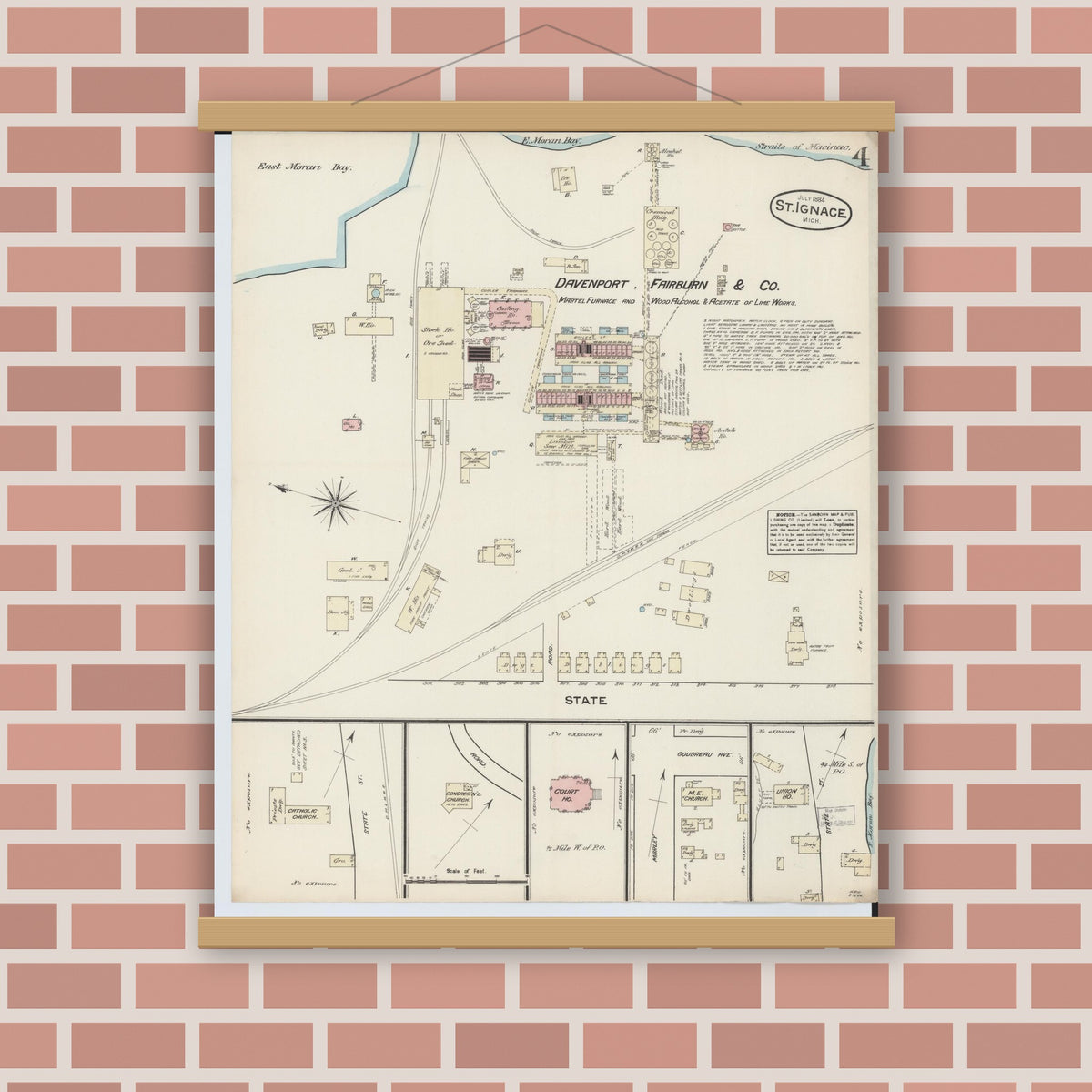 Old map wall art mockup — magnetic wood frame on brick wall — Sanborn Fire Insurance Map from Saint Ignace, Mackinac County, Michigan (1884), Sheet #0004