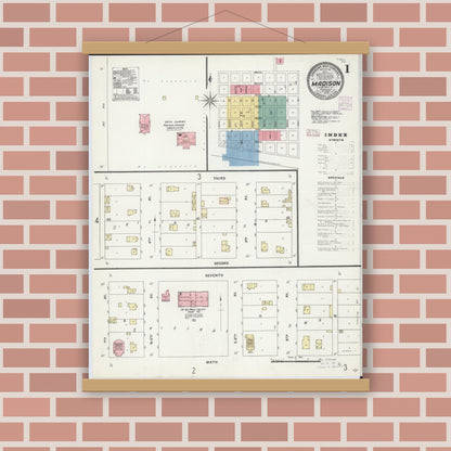 Old map wall art mockup — magnetic wood frame on brick wall — Sanborn Fire Insurance Map from Madison, Lac Qui Parle County, Minnesota (1906), Sheet #0001