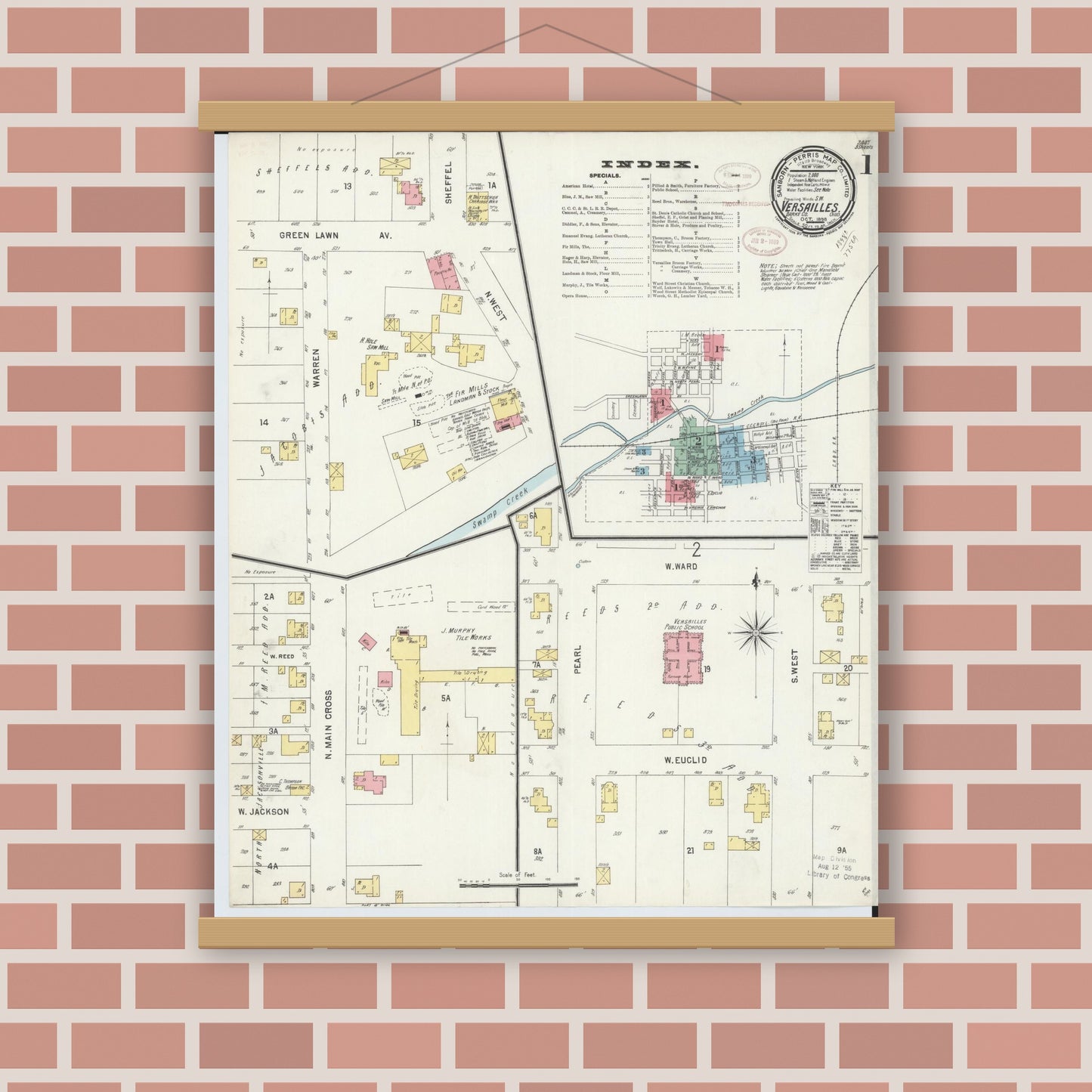 Old map wall art mockup — magnetic wood frame on brick wall — Sanborn Fire Insurance Map from Versailles, Darke County, Ohio (1898), Sheet #0001