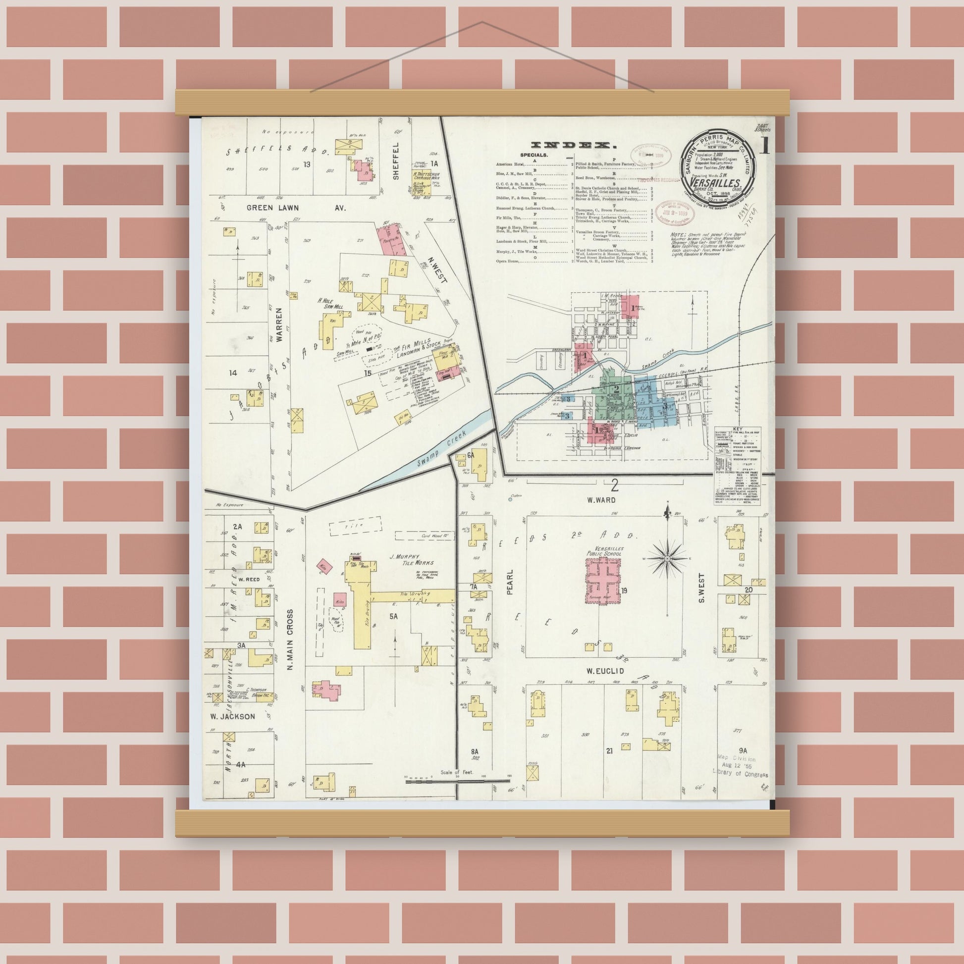 Old map wall art mockup — magnetic wood frame on brick wall — Sanborn Fire Insurance Map from Versailles, Darke County, Ohio (1898), Sheet #0001