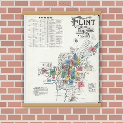 Old map wall art mockup — magnetic wood frame on brick wall — Sanborn Fire Insurance Map from Flint, Genesee County, Michigan (1902), Sheet #0001