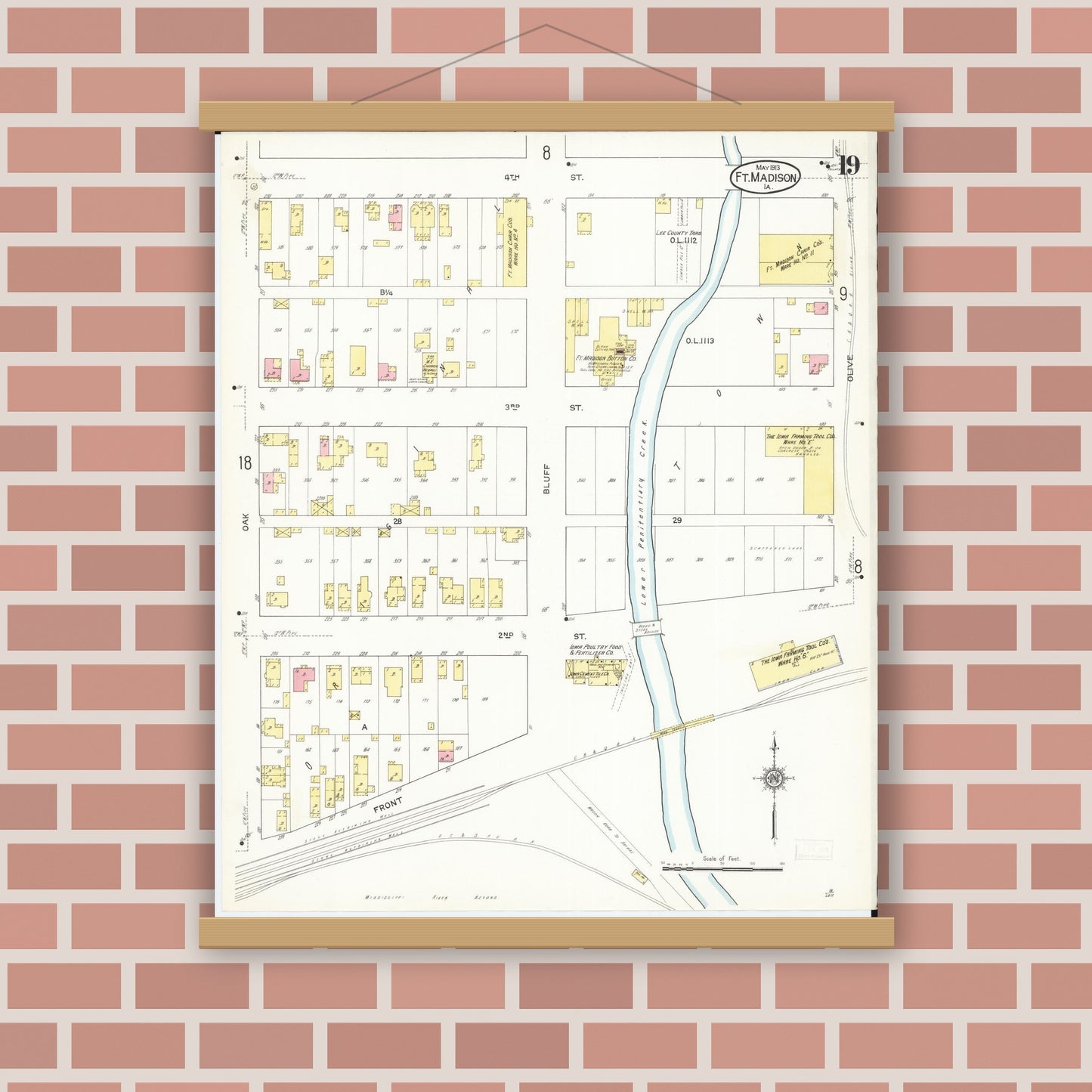 Old map wall art mockup — magnetic wood frame on brick wall — Sanborn Fire Insurance Map from Fort Madison, Lee County, Iowa (1913), Sheet #0019
