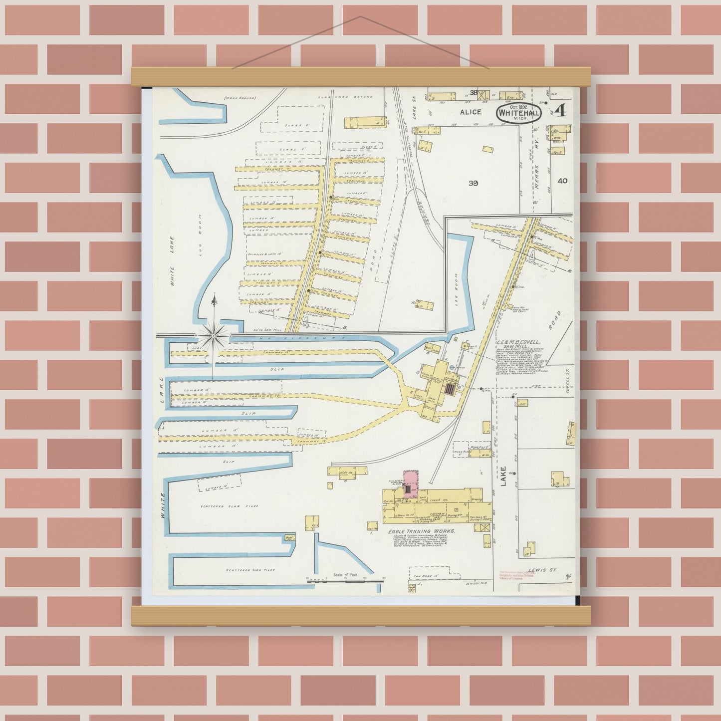 Old map wall art mockup — magnetic wood frame on brick wall — Sanborn Fire Insurance Map from Whitehall, Muskegon County, Michigan (1892), Sheet #0004