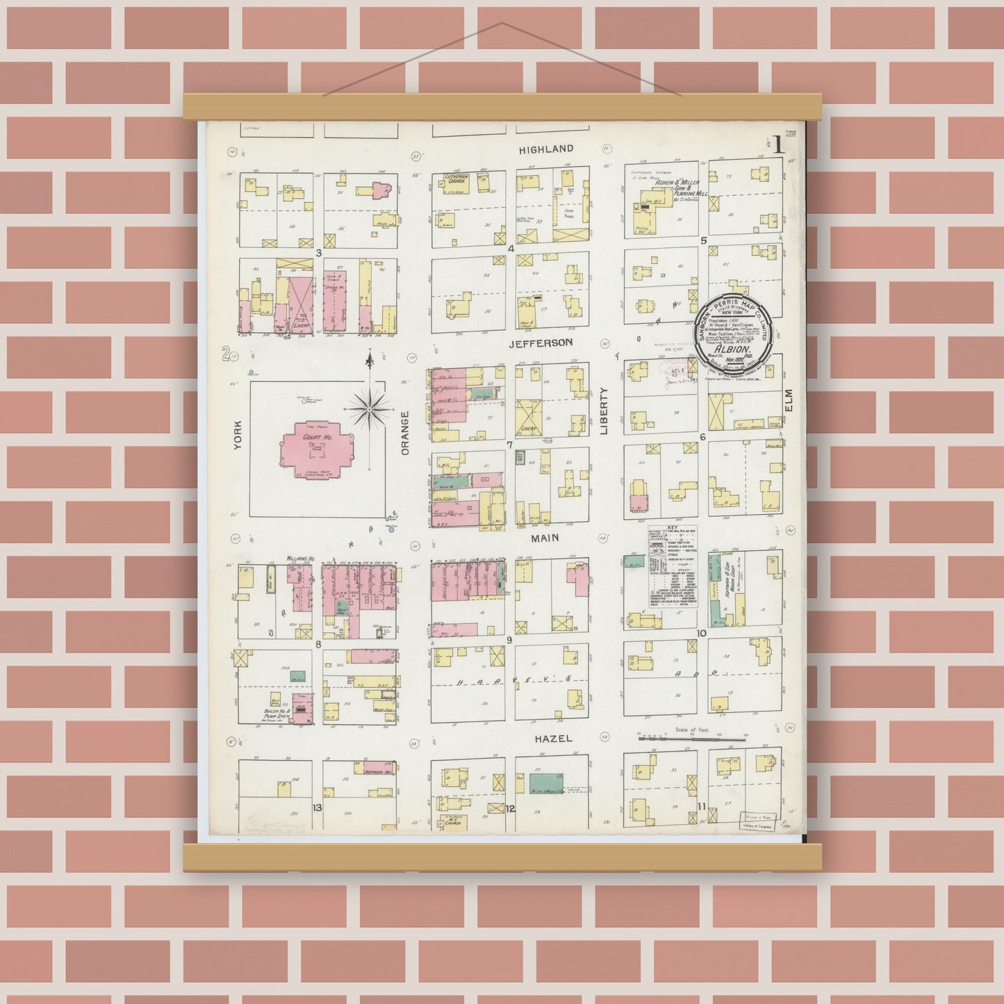 Old map wall art mockup — magnetic wood frame on brick wall — Sanborn Fire Insurance Map from Albion, Noble County, Indiana (1892), Sheet #0001