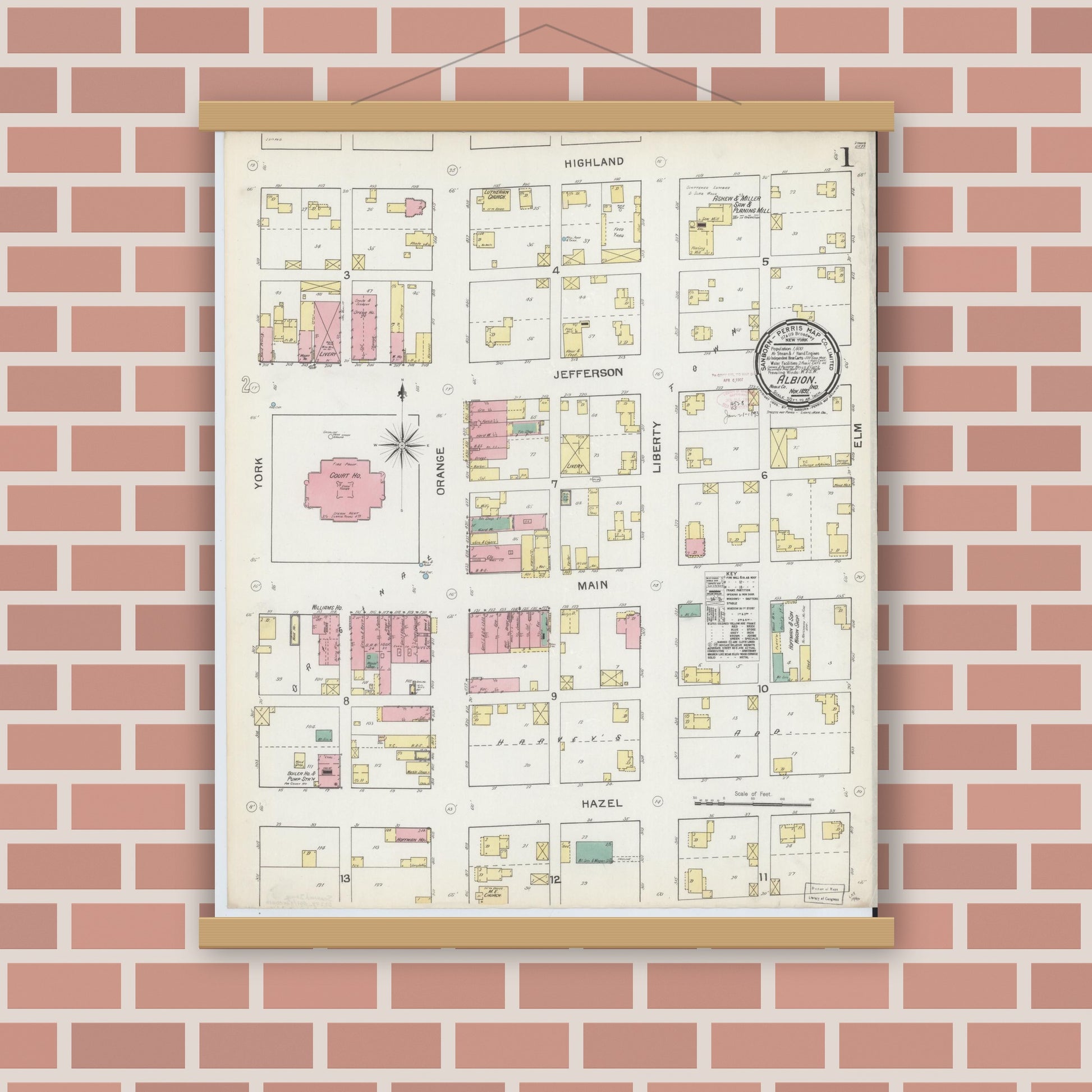 Old map wall art mockup — magnetic wood frame on brick wall — Sanborn Fire Insurance Map from Albion, Noble County, Indiana (1892), Sheet #0001