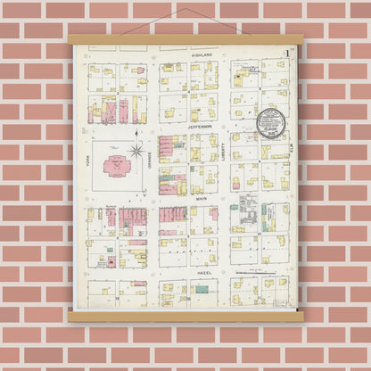 Old map wall art mockup — magnetic wood frame on brick wall — Sanborn Fire Insurance Map from Albion, Noble County, Indiana (1892), Sheet #0001