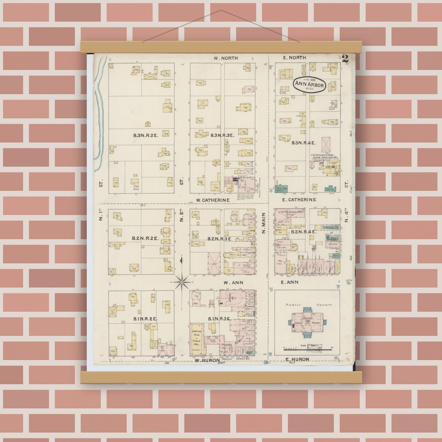 Old map wall art mockup — magnetic wood frame on brick wall — Sanborn Fire Insurance Map from Ann Arbor, Washtenaw County, Michigan (1888), Sheet #0002