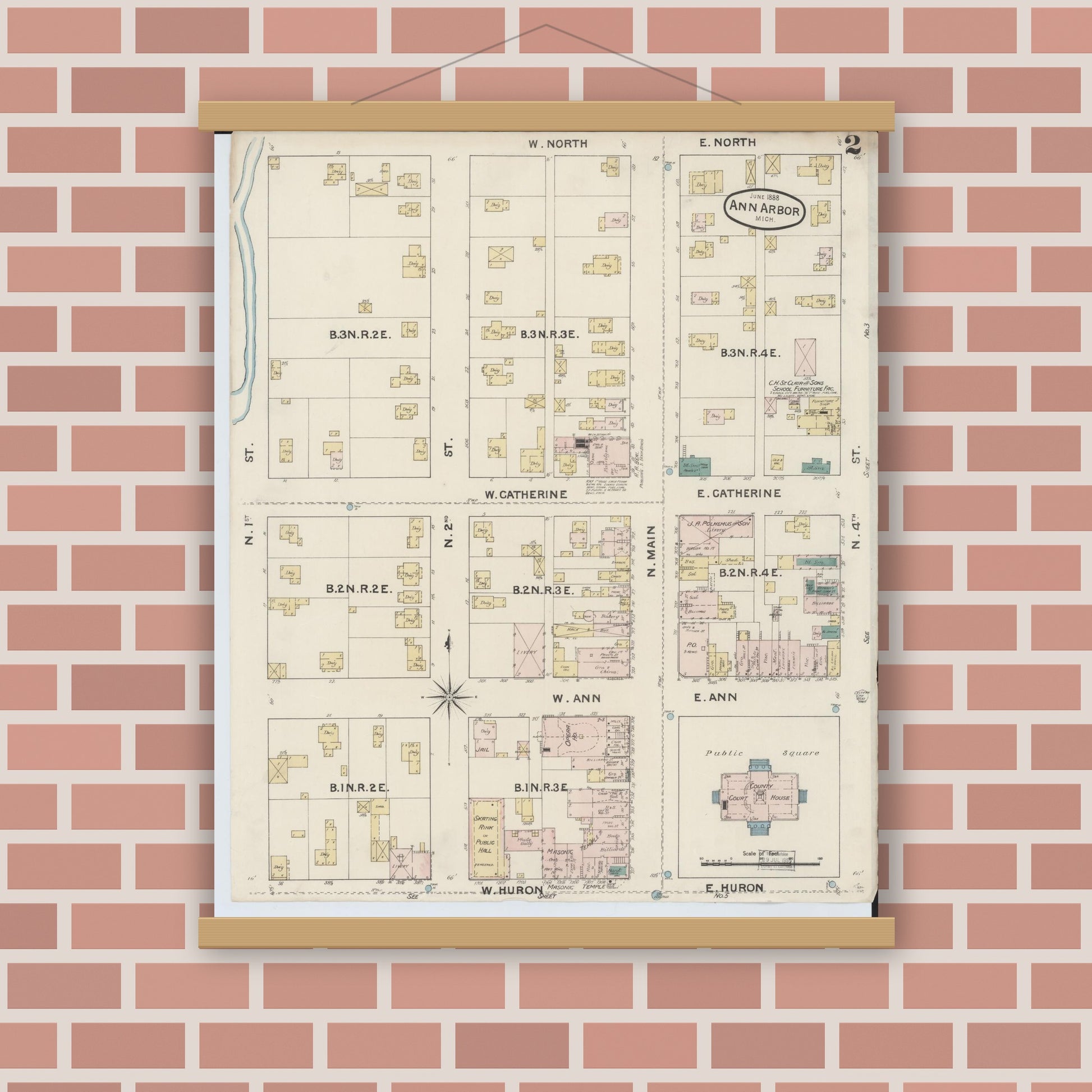 Old map wall art mockup — magnetic wood frame on brick wall — Sanborn Fire Insurance Map from Ann Arbor, Washtenaw County, Michigan (1888), Sheet #0002