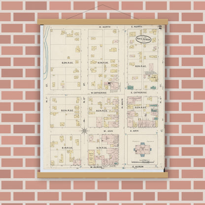Old map wall art mockup — magnetic wood frame on brick wall — Sanborn Fire Insurance Map from Ann Arbor, Washtenaw County, Michigan (1888), Sheet #0002