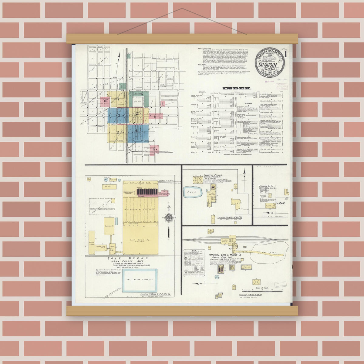 Old map wall art mockup — magnetic wood frame on brick wall — Sanborn Fire Insurance Map from Du Quoin, Perry County, Illinois (1910) - Complete Map Set