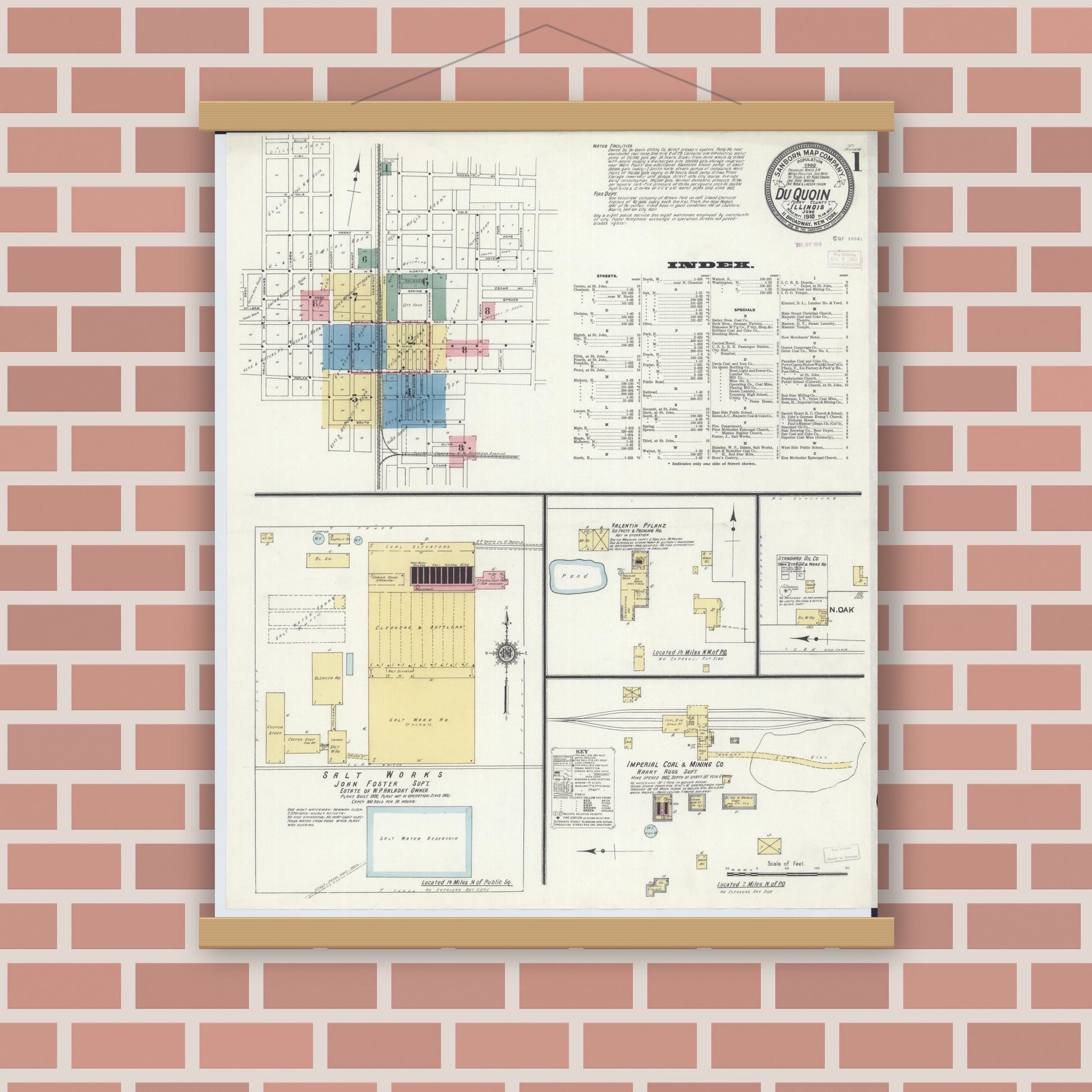 Old map wall art mockup — magnetic wood frame on brick wall — Sanborn Fire Insurance Map from Du Quoin, Perry County, Illinois (1910) - Complete Map Set