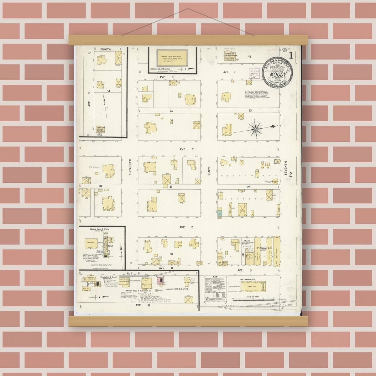 Old map wall art mockup — magnetic wood frame on brick wall — Sanborn Fire Insurance Map from Moody, McLennan County, Texas (1907) - Complete Map Set
