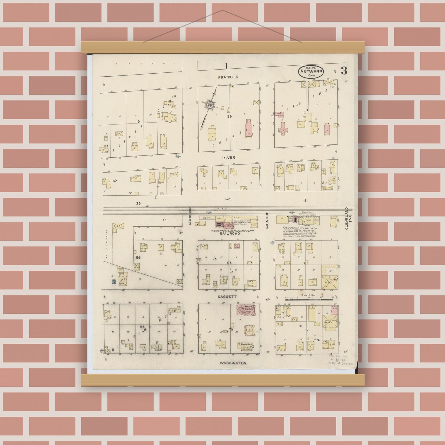 Old map wall art mockup — magnetic wood frame on brick wall — Sanborn Fire Insurance Map from Antwerp, Paulding County, Ohio (1915), Sheet #0003