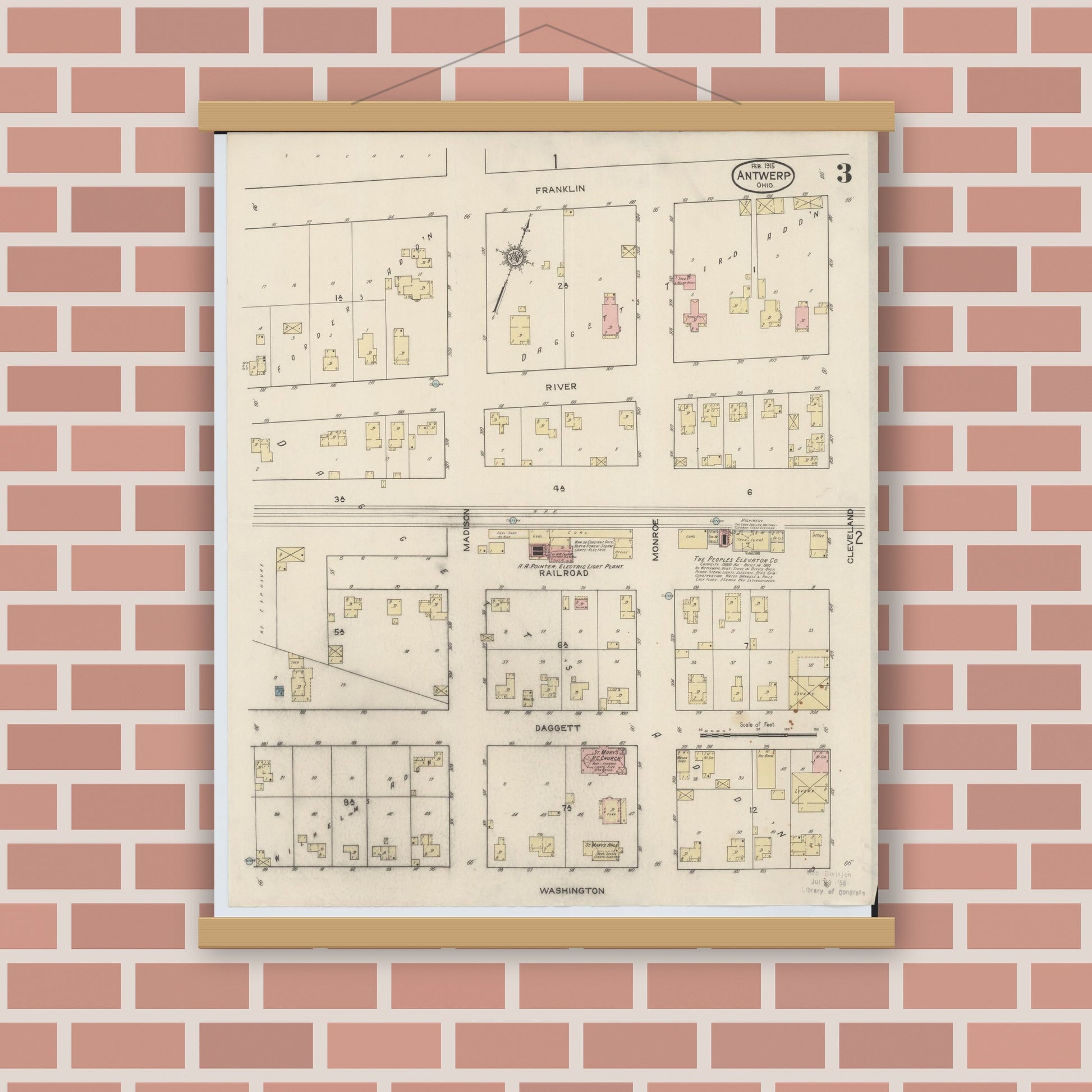 Old map wall art mockup — magnetic wood frame on brick wall — Sanborn Fire Insurance Map from Antwerp, Paulding County, Ohio (1915), Sheet #0003