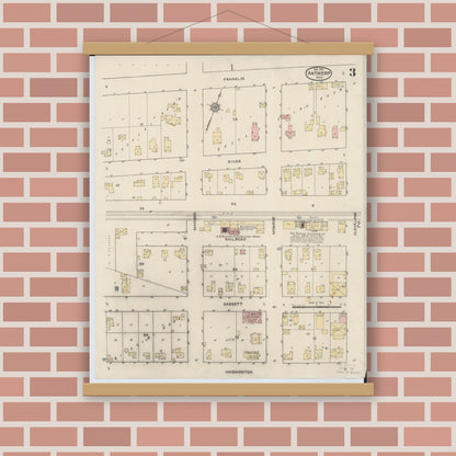 Old map wall art mockup — magnetic wood frame on brick wall — Sanborn Fire Insurance Map from Antwerp, Paulding County, Ohio (1915), Sheet #0003