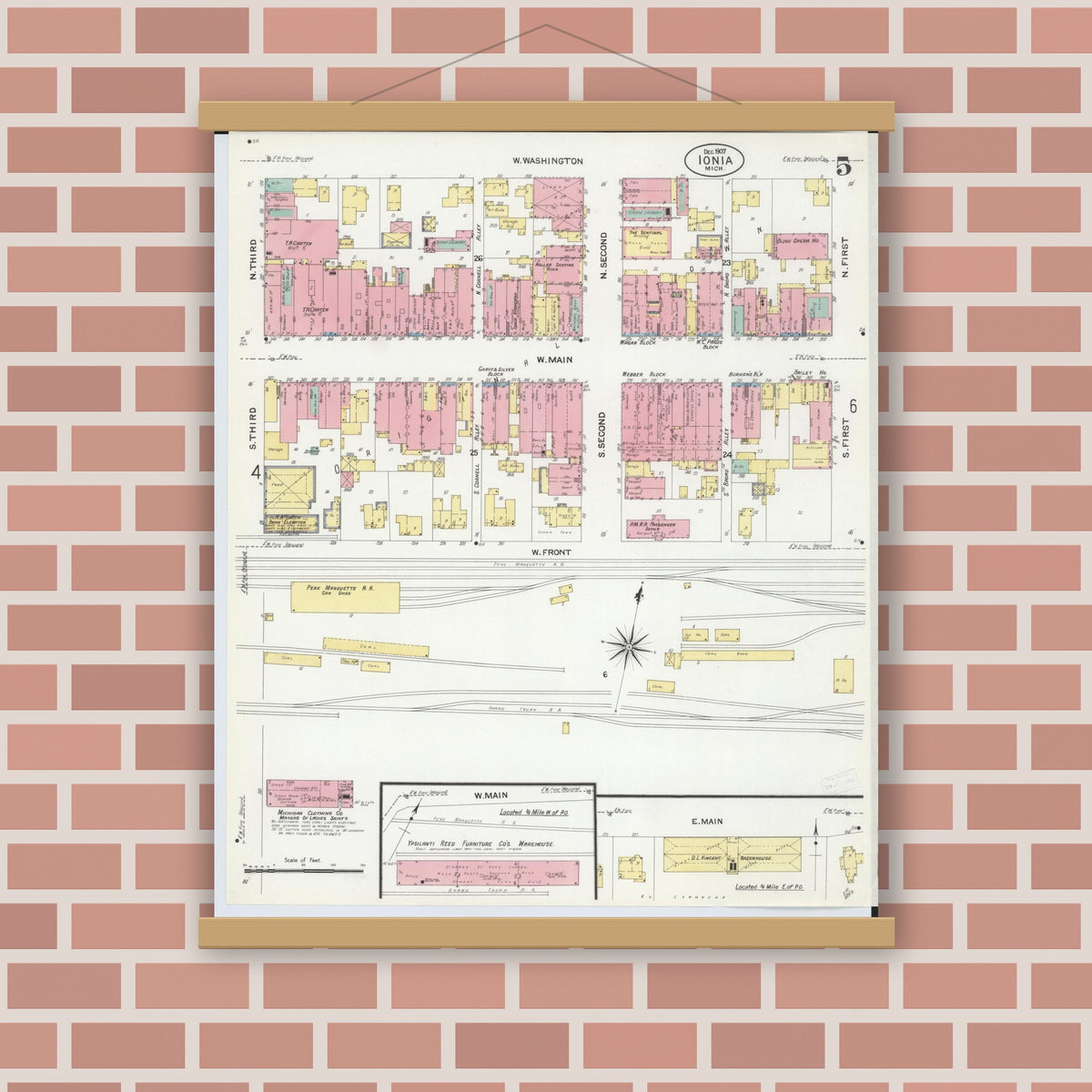 Old map wall art mockup — magnetic wood frame on brick wall — Sanborn Fire Insurance Map from Ionia, Ionia County, Michigan (1907), Sheet #0005