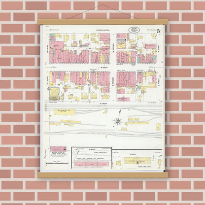 Old map wall art mockup — magnetic wood frame on brick wall — Sanborn Fire Insurance Map from Ionia, Ionia County, Michigan (1907), Sheet #0005