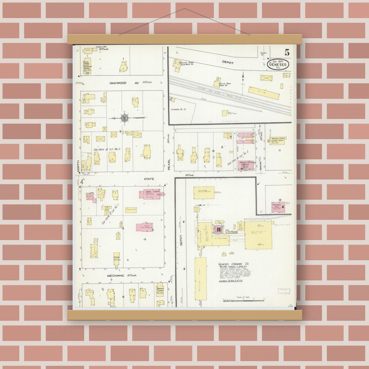 Old map wall art mockup — magnetic wood frame on brick wall — Sanborn Fire Insurance Map from Geneseo, Henry County, Illinois (1909), Sheet #0005