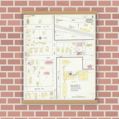 Old map wall art mockup — magnetic wood frame on brick wall — Sanborn Fire Insurance Map from Geneseo, Henry County, Illinois (1909), Sheet #0005