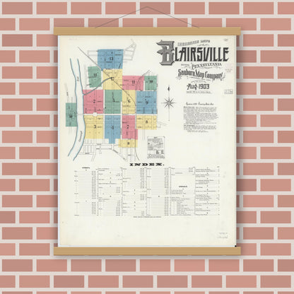 Old map wall art mockup — magnetic wood frame on brick wall — Sanborn Fire Insurance Map from Blairsville, Indiana County, Pennsylvania (1903) - Complete Map Set