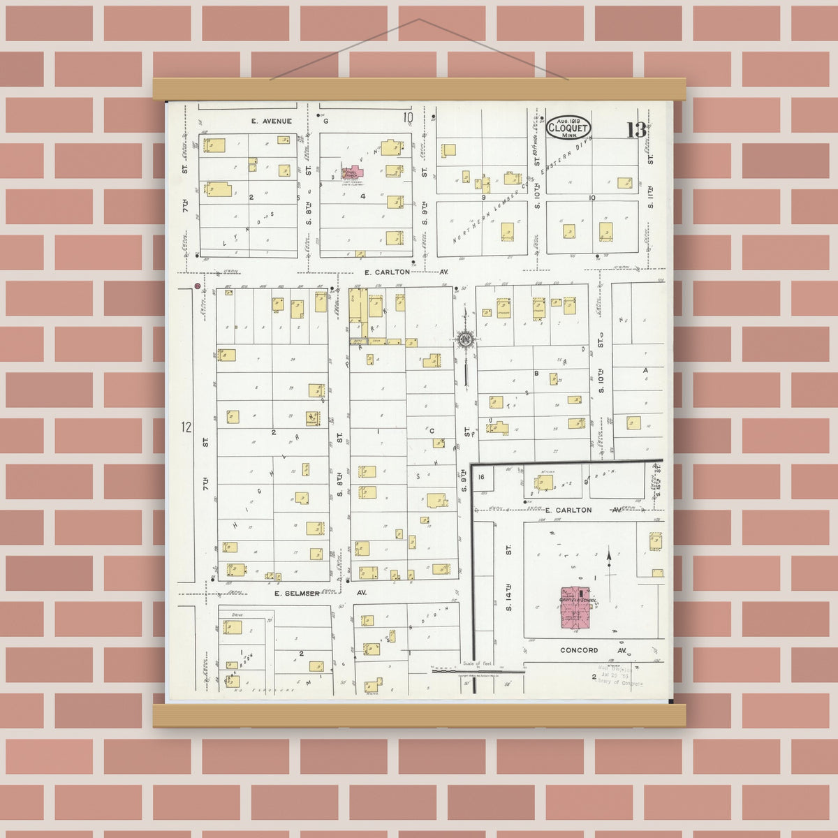 Old map wall art mockup — magnetic wood frame on brick wall — Sanborn Fire Insurance Map from Cloquet, Carlton County, Minnesota (1919), Sheet #0013