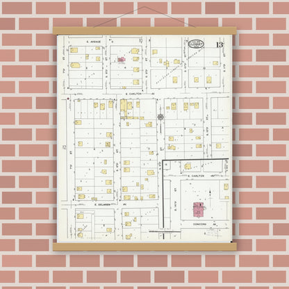 Old map wall art mockup — magnetic wood frame on brick wall — Sanborn Fire Insurance Map from Cloquet, Carlton County, Minnesota (1919), Sheet #0013