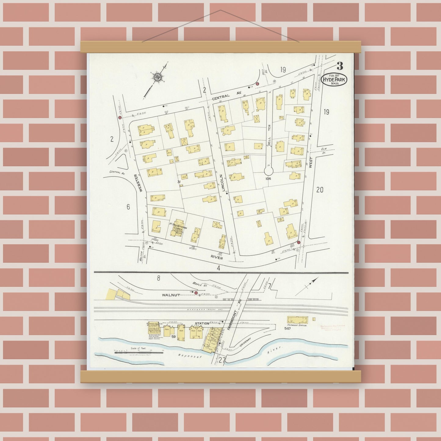 Old map wall art mockup — magnetic wood frame on brick wall — Sanborn Fire Insurance Map from Hyde Park, Norfolk County, Massachusetts (1917), Sheet #0003