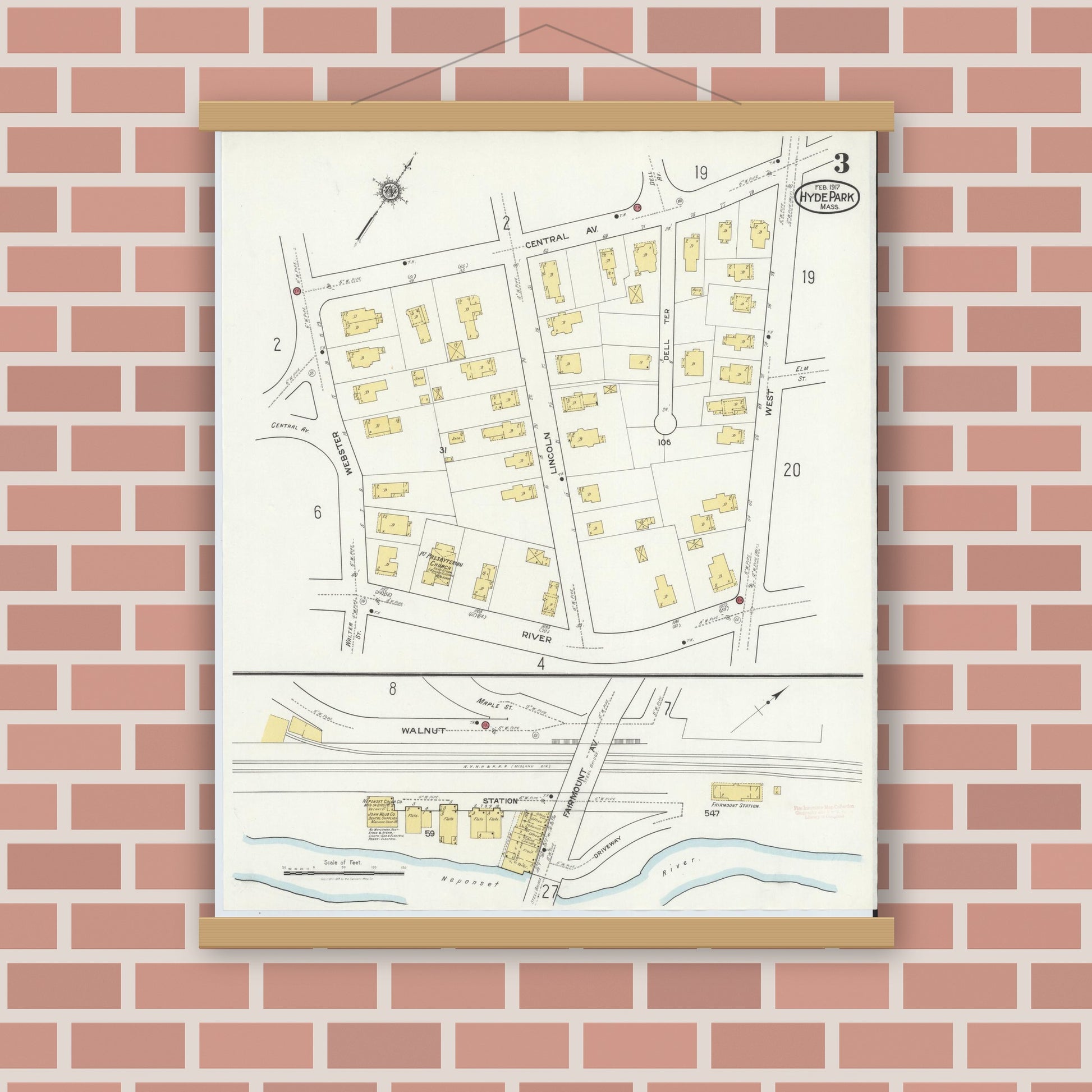 Old map wall art mockup — magnetic wood frame on brick wall — Sanborn Fire Insurance Map from Hyde Park, Norfolk County, Massachusetts (1917), Sheet #0003