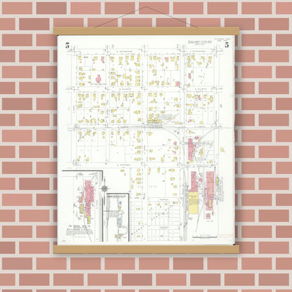 Old map wall art mockup — magnetic wood frame on brick wall — Sanborn Fire Insurance Map from Tecumseh, Lenawee County, Michigan (1935), Sheet #0005