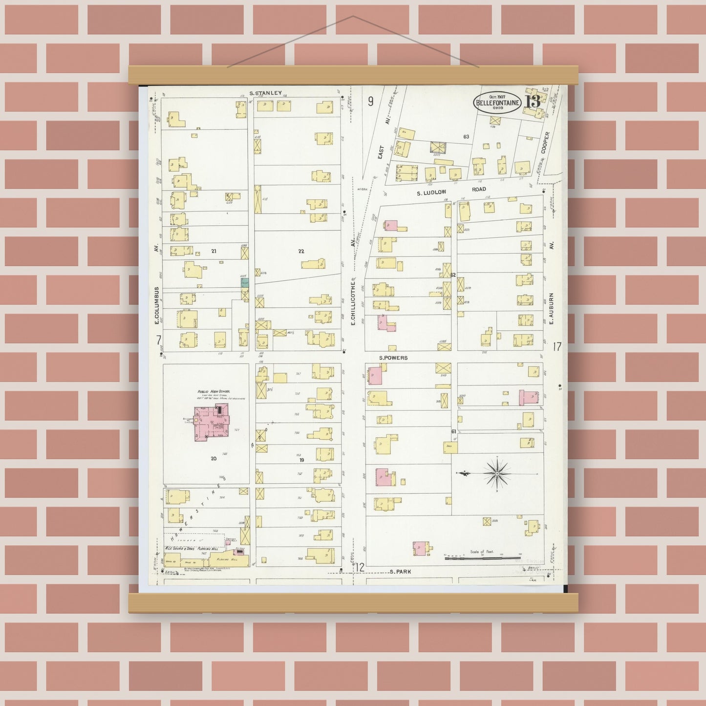 Old map wall art mockup — magnetic wood frame on brick wall — Sanborn Fire Insurance Map from Bellefontaine, Logan County, Ohio (1907), Sheet #0013