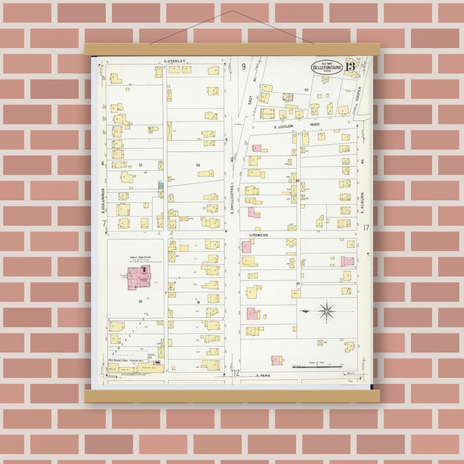 Old map wall art mockup — magnetic wood frame on brick wall — Sanborn Fire Insurance Map from Bellefontaine, Logan County, Ohio (1907), Sheet #0013