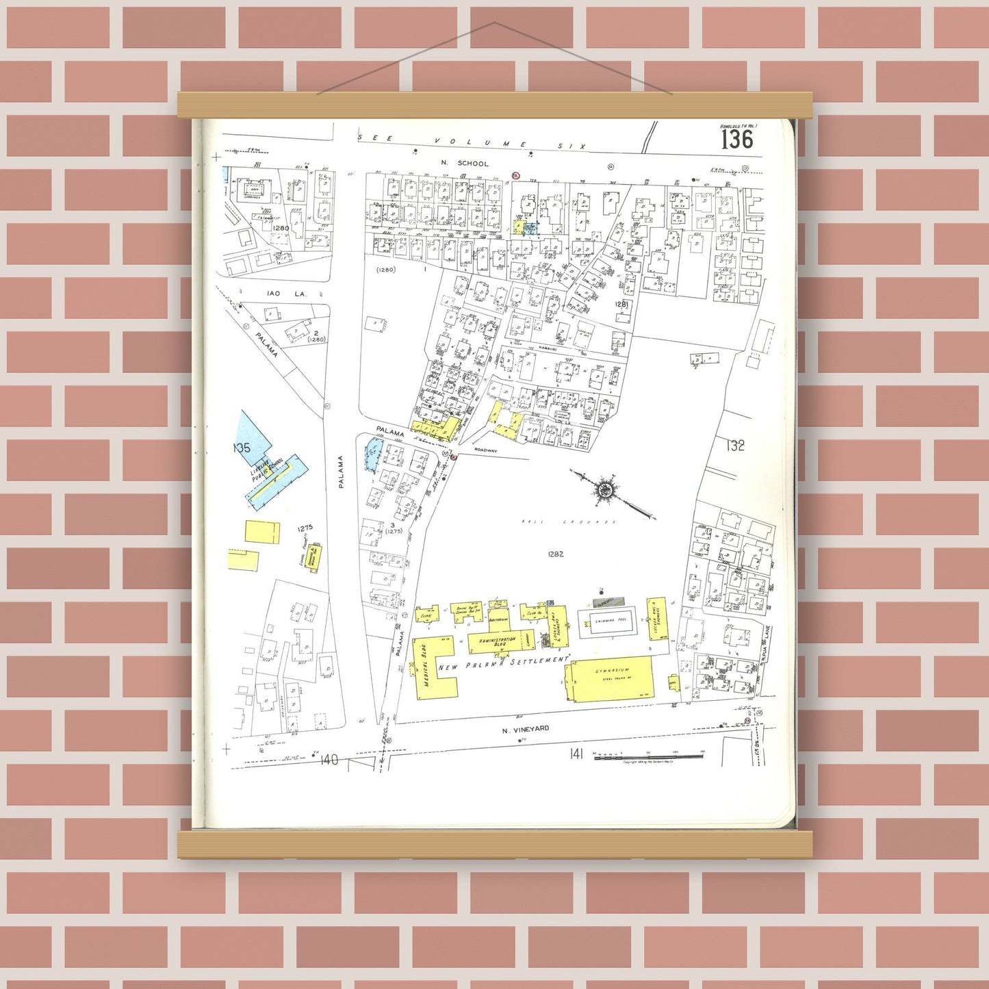 Old map wall art mockup — magnetic wood frame on brick wall — Sanborn Fire Insurance Map from Honolulu, Oahu County, Hawaii (1955), Sheet #0136