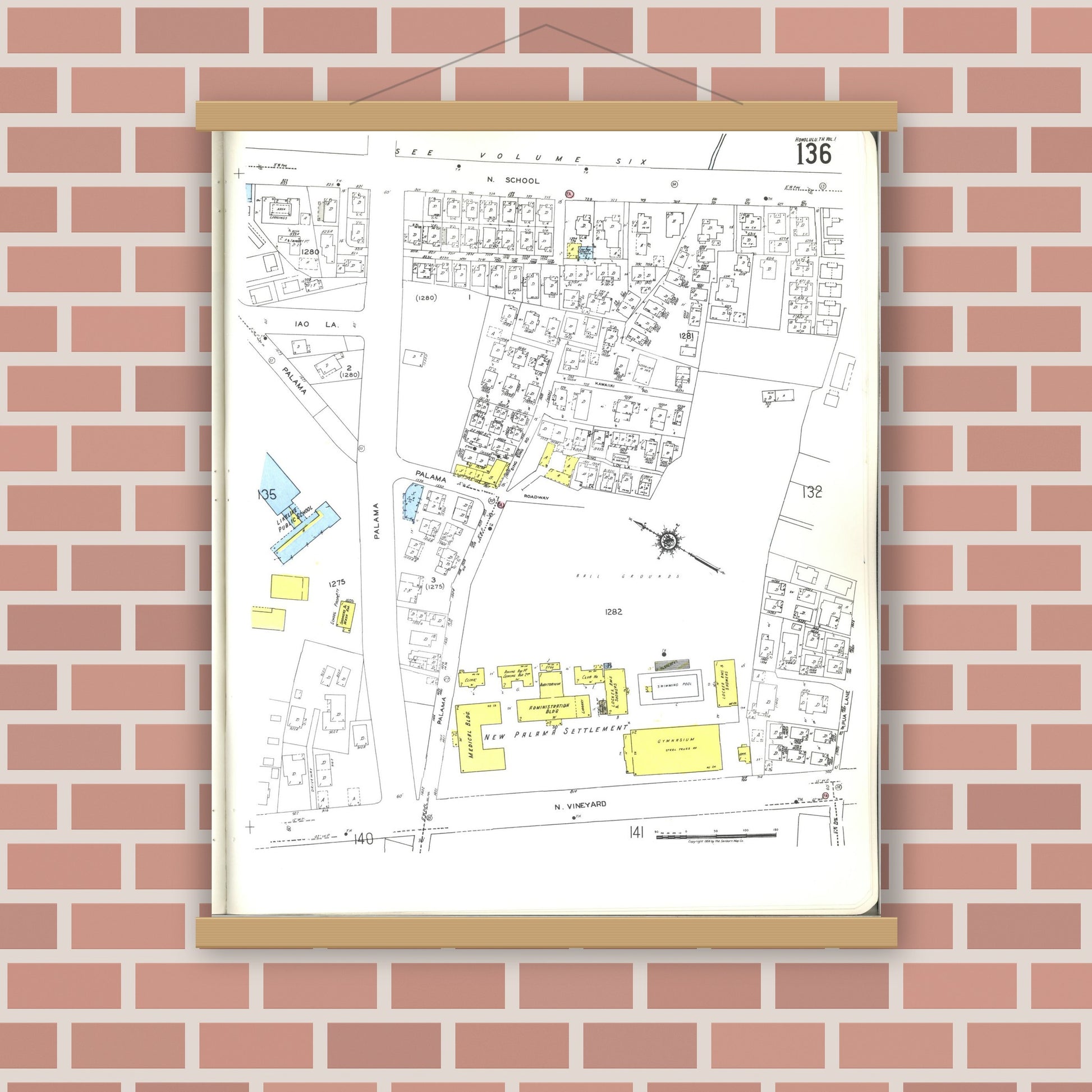 Old map wall art mockup — magnetic wood frame on brick wall — Sanborn Fire Insurance Map from Honolulu, Oahu County, Hawaii (1955), Sheet #0136