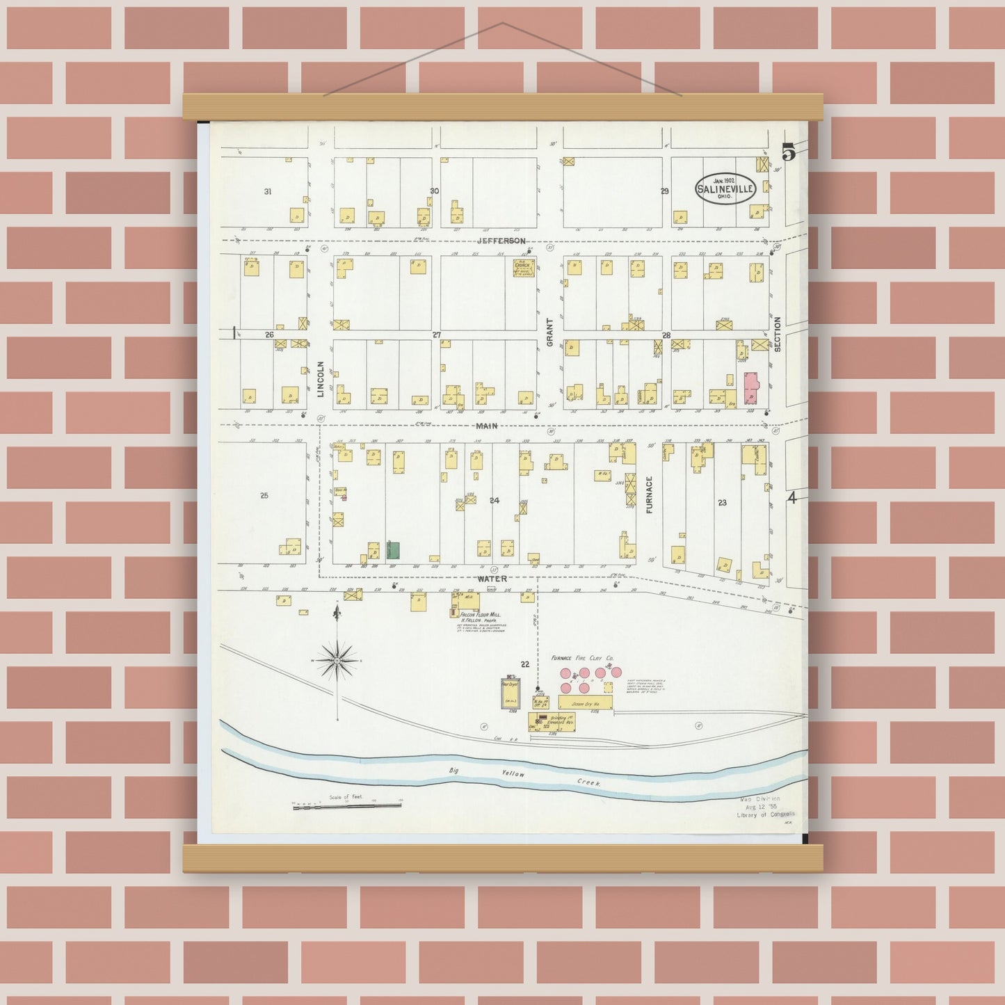 Old map wall art mockup — magnetic wood frame on brick wall — Sanborn Fire Insurance Map from Salineville, Columbiana County, Ohio (1902), Sheet #0005