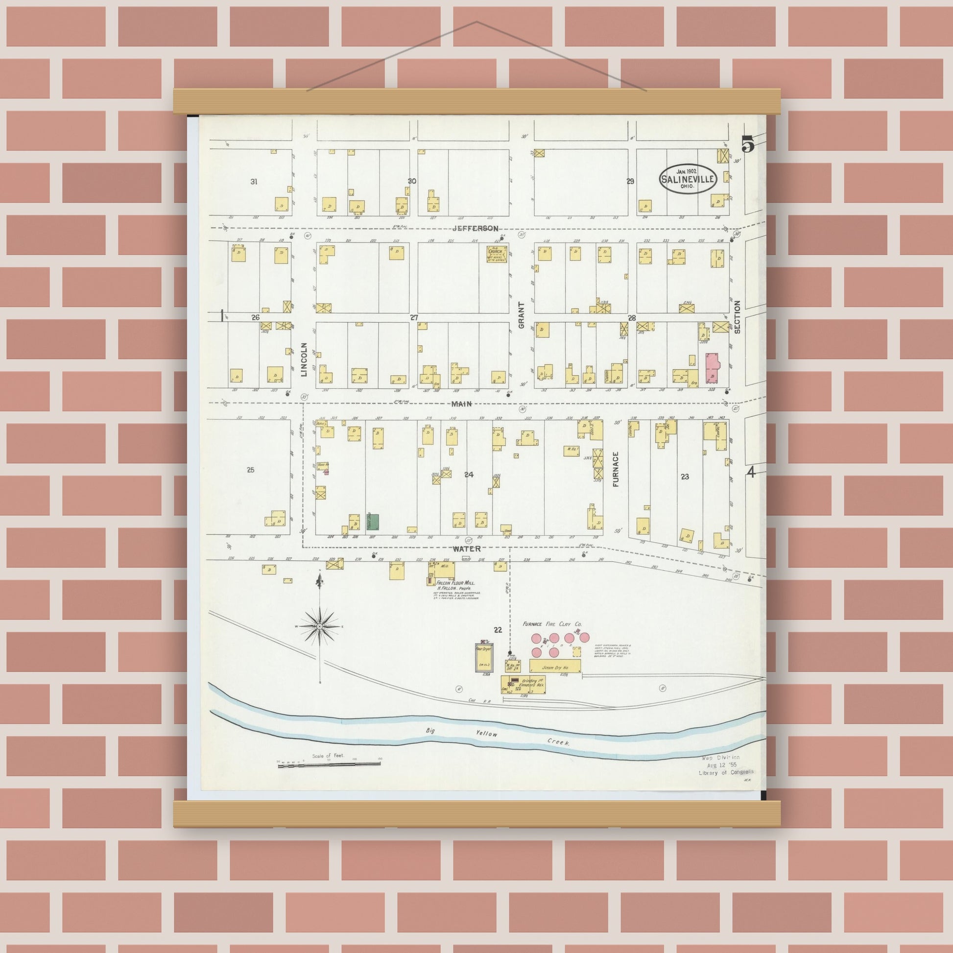 Old map wall art mockup — magnetic wood frame on brick wall — Sanborn Fire Insurance Map from Salineville, Columbiana County, Ohio (1902), Sheet #0005