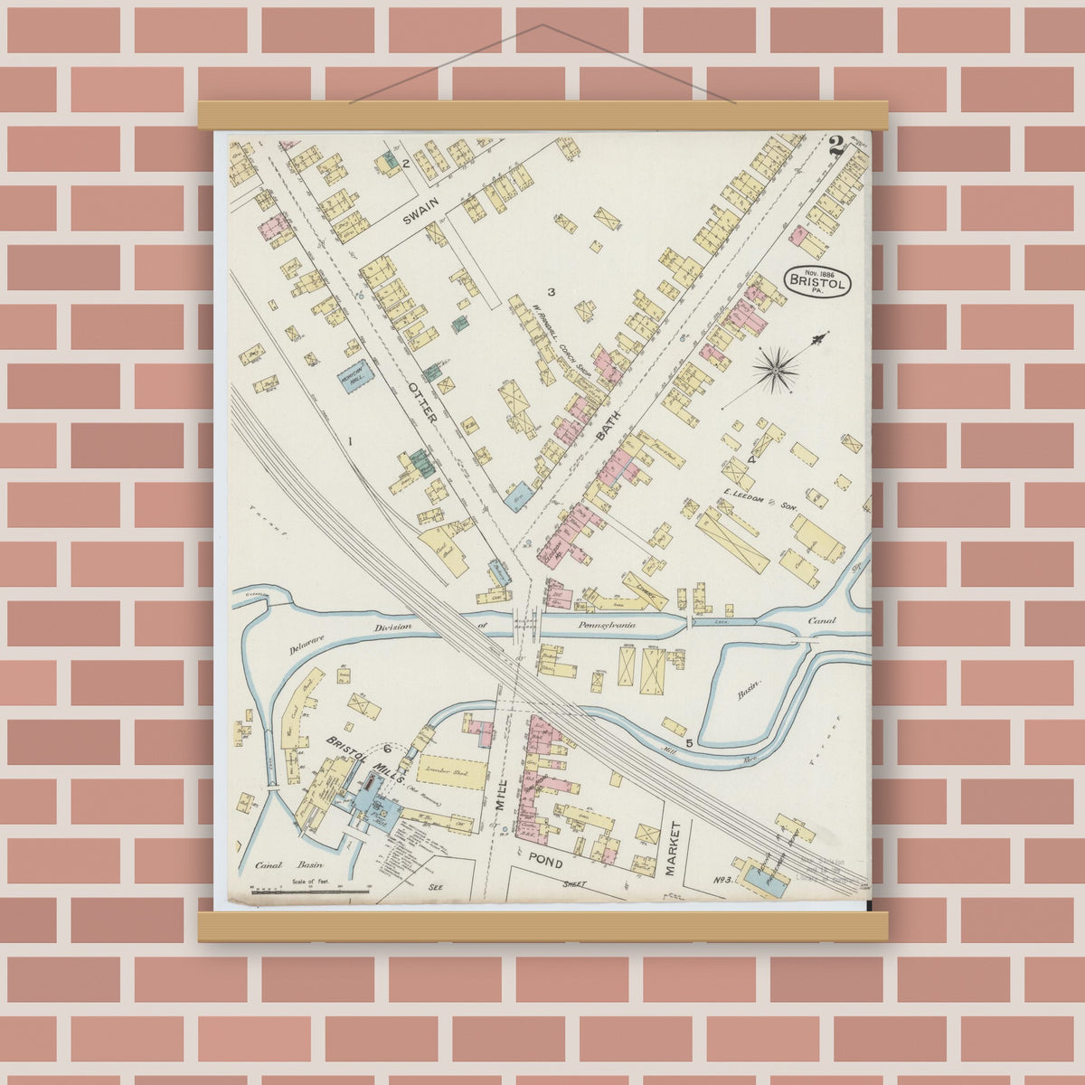 Old map wall art mockup — magnetic wood frame on brick wall — Sanborn Fire Insurance Map from Bristol, Bucks County, Pennsylvania (1886), Sheet #0002