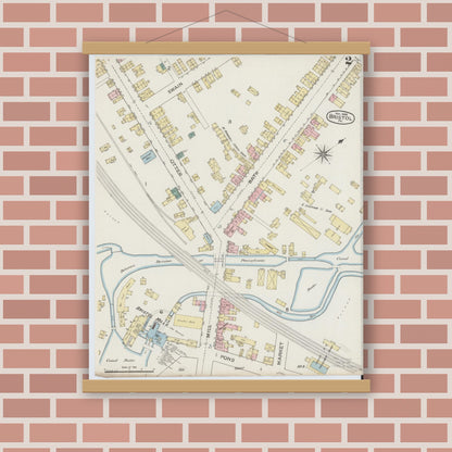 Old map wall art mockup — magnetic wood frame on brick wall — Sanborn Fire Insurance Map from Bristol, Bucks County, Pennsylvania (1886), Sheet #0002