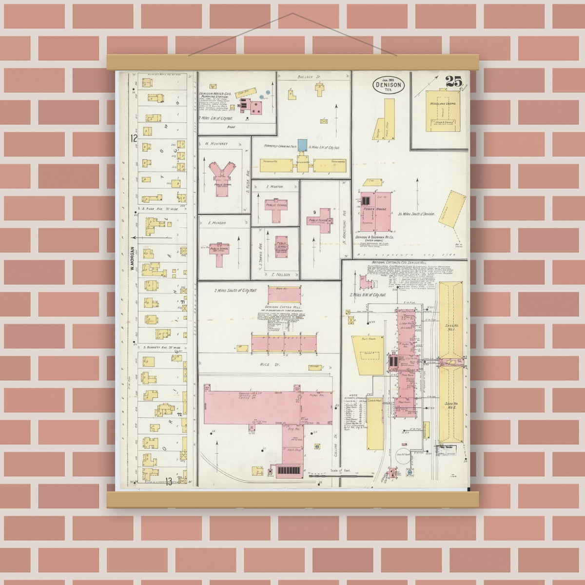 Old map wall art mockup — magnetic wood frame on brick wall — Sanborn Fire Insurance Map from Denison, Grayson County, Texas (1903), Sheet #0025