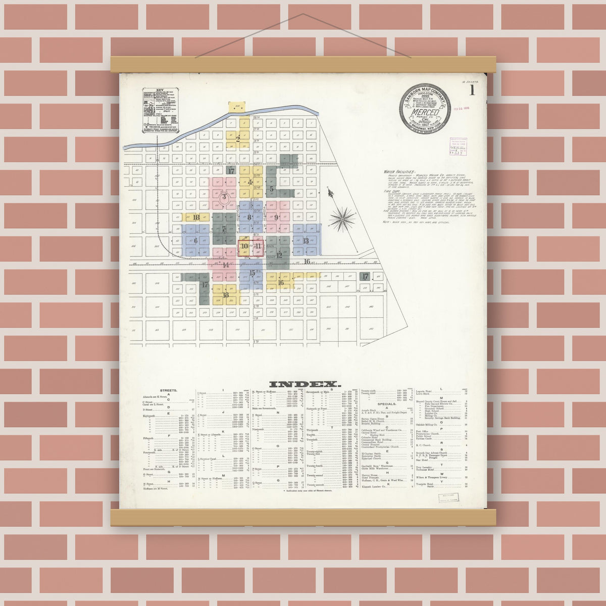 Old map wall art mockup — magnetic wood frame on brick wall — Sanborn Fire Insurance Map from Merced, Merced County, California (1907), Sheet #0001