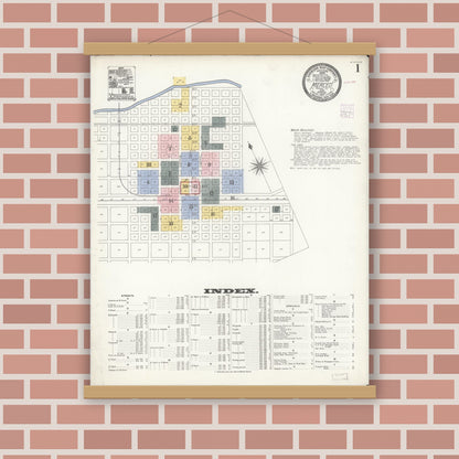 Old map wall art mockup — magnetic wood frame on brick wall — Sanborn Fire Insurance Map from Merced, Merced County, California (1907), Sheet #0001