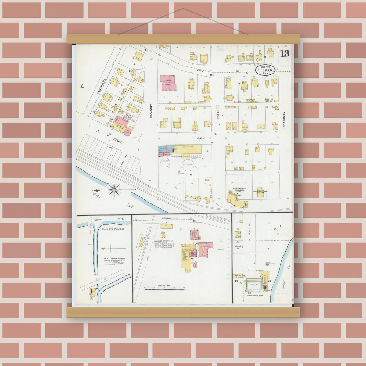 Old map wall art mockup — magnetic wood frame on brick wall — Sanborn Fire Insurance Map from Pekin, Tazewell County, Illinois (1903), Sheet #0013