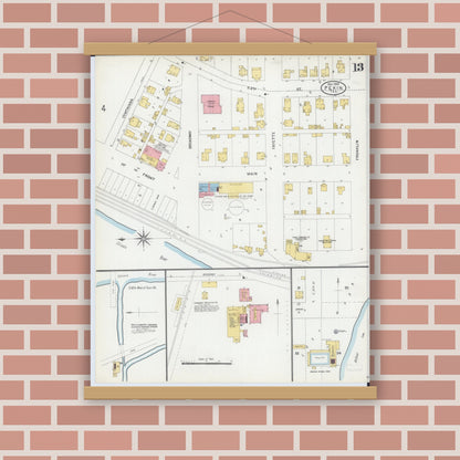 Old map wall art mockup — magnetic wood frame on brick wall — Sanborn Fire Insurance Map from Pekin, Tazewell County, Illinois (1903), Sheet #0013