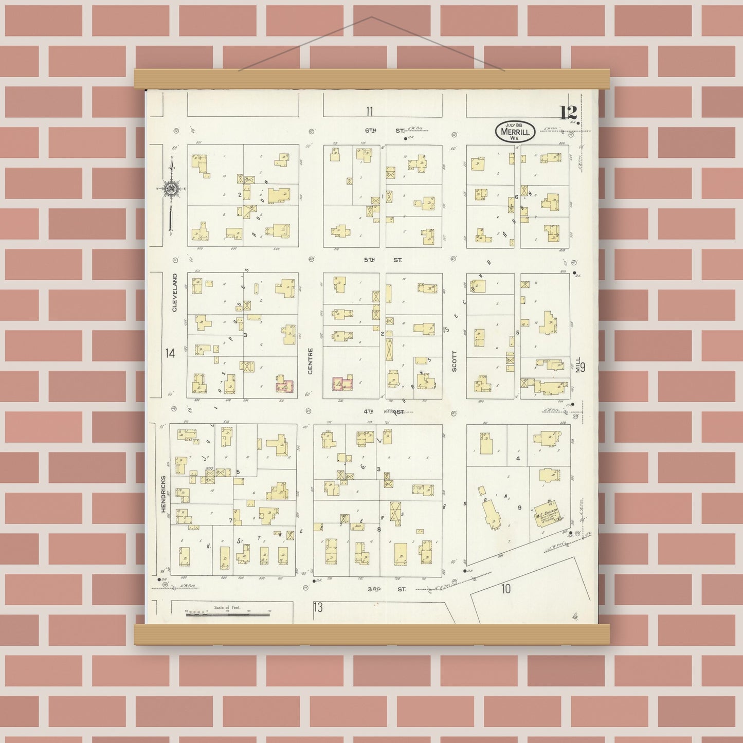 Old map wall art mockup — magnetic wood frame on brick wall — Sanborn Fire Insurance Map from Merrill, Lincoln County, Wisconsin (1913), Sheet #0012
