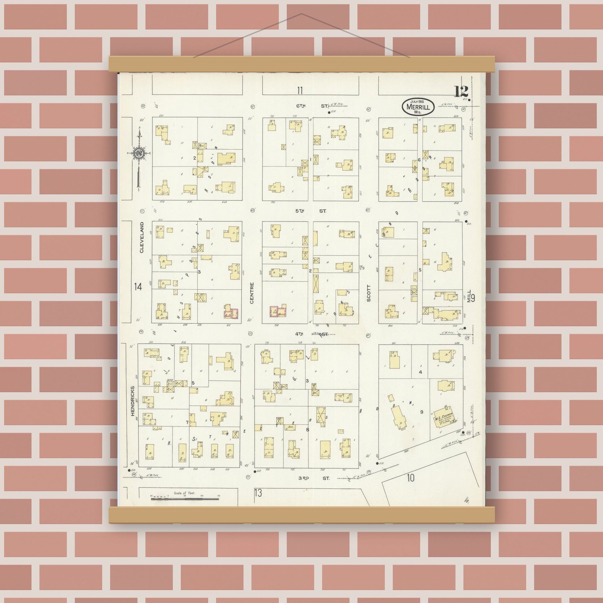 Old map wall art mockup — magnetic wood frame on brick wall — Sanborn Fire Insurance Map from Merrill, Lincoln County, Wisconsin (1913), Sheet #0012